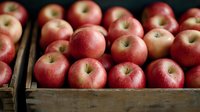 Fresh red apples in rustic wooden crate, selective focus on ripe fruit with natural lighting, showcasing farm fresh produce for healthy eating and market display.