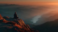 Person sitting on rocky mountain peak during golden hour sunrise overlooking misty valley layers. Meditation, mindfulness and outdoor adventure concept.