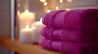 Folded magenta cotton bath towels stacked on wooden surface with glowing candles creating soft bokeh lights in background for spa and wellness concept.