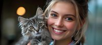 Young Caucasian woman with blonde hair and bright smile holding fluffy grey Maine Coon cat, close-up portrait against blurred background with bokeh lights.