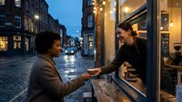 Young woman with dark hair and medium skin tone working at shop counter serving male customer with dark hair and medium skin tone during evening hours on historic cobblestone street with illuminated storefronts and warm lighting.