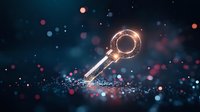 Glowing golden key on dark background with colorful bokeh lights, symbolizing access, opportunity, and solution for business concepts.
