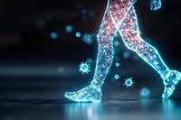 Digital wireframe legs running through virus particles glowing in neon blue and pink on dark background, medical science concept for immune system and health.
