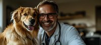 Mature male veterinarian with gray hair and glasses smiling with golden retriever mix dog in veterinary clinic, showing professional care and animal companionship.