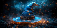 Magical witch hat glowing with blue mystical energy and orange sparks against dark background, fantasy Halloween concept for decorative designs.