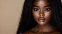 Young African American woman with long black hair and natural makeup looking directly at camera against neutral beige background for beauty and fashion concepts.