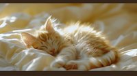 Adorable orange tabby kitten sleeping peacefully on soft white bedding with warm sunlight creating cozy atmosphere for pet care and comfort themes.
