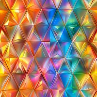 Vibrant geometric triangular pattern with metallic rainbow gradient effect creates dynamic optical illusion. Seamless repeat design for modern abstract backgrounds.