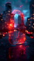 Glowing red padlock with digital circuit patterns floating in dark space surrounded by bokeh lights and particles, reflecting on wet surface. Cybersecurity concept.
