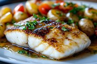 Grilled white fish fillet with butter sauce, fresh herbs, and colorful baby potatoes on white plate, close-up view showing moist, flaky texture and golden sear marks.