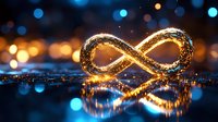 Glowing infinity symbol made of golden light with sparkling particles, reflected on wet surface against blurred bokeh background with warm and cool tones.