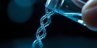 DNA molecule in blue light emerging from laboratory glass tube, scientific research concept showing genetic structure and biotechnology advancement.