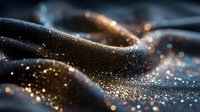 Abstract dark curves with golden glitter particles creating luxurious texture. Dramatic lighting highlights sparkling dust on smooth flowing surface for elegant design backgrounds.