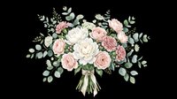 Watercolor wedding bouquet with pink roses, white peonies, and eucalyptus, isolated on transparent background, ready for stickers, cards, and print on demand.