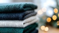 Neatly folded warm winter sweaters in shades of green and gray with soft bokeh lights in background creating cozy seasonal atmosphere.