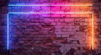Neon light frame glowing against textured brick wall with vibrant blue pink orange gradient illumination for modern interior design backgrounds.