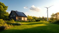 Modern black house with solar panels on roof and wind turbine in background, sustainable living concept in rural setting during golden sunset hour.
