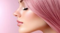 Young woman with pink hair in profile view showcasing trendy hair color and makeup for beauty salon advertising and fashion content.