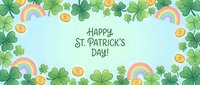 Festive St. Patrick's Day greeting card with shamrocks, gold coins and rainbows on mint green background for holiday celebrations and Irish traditions.
