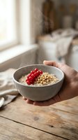 Person with medium skin tone holding a gray ceramic bowl containing oatmeal porridge topped with red currants and granola, positioned near a bright window in a cozy bedroom setting. Breakfast and healthy eating concept.