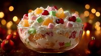 Festive holiday trifle dessert with colorful candied fruits, whipped cream layers in glass bowl against warm bokeh lights background for celebrations.