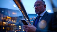 Mature businessman in suit checking smartphone at dusk, urban setting with bokeh lights. Professional executive using mobile device outdoors.