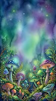 Enchanted forest floor with glowing mushrooms, magical plants, and swirling aurora lights in purple, green, and blue tones. Fantasy woodland scene for creative projects.