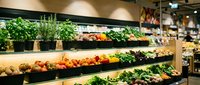 Fresh organic vegetables and fruits displayed on wooden shelves in modern grocery store produce section with natural lighting and healthy food options.
