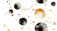 Watercolor circles in black, brown and gold tones scattered on white background create abstract cosmic pattern. Artistic spots with splashes and dots form modern design.