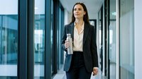 Confident young Caucasian businesswoman walking in modern office corridor holding reusable water bottle, wearing blazer, promoting sustainable workplace lifestyle.