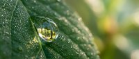 Crystal clear water droplet on fresh green leaf with morning dew, showcasing nature's purity and environmental freshness in macro photography.