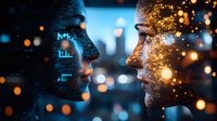 Digital and organic faces in profile facing each other, one made of blue data streams and another with golden light particles, representing artificial intelligence and humanity.