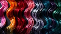 Vibrant wavy hair strands in multiple bright colors including pink, orange, red, silver, turquoise and green against black background create abstract pattern.