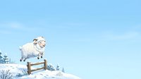 Fluffy white sheep jumping over wooden fence in snowy winter landscape with clear blue sky and evergreen trees.
