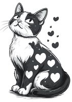 Black and white illustration of cute cat with heart pattern on fur, looking upward with expressive eyes, isolated on white background for pet-themed designs.