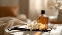 Aromatic vanilla essential oil bottle with white orchid flowers on cozy beige background, creating spa-like atmosphere for wellness and relaxation.