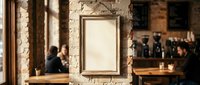 Empty vintage frame on rustic brick wall in cozy restaurant interior with warm lighting and blurred diners in background for mockup designs.