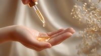 Golden drops of essential oil falling from glass dropper onto open palm, with soft bokeh lights and delicate dried flowers in background, creating spa atmosphere.