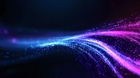 Glowing abstract wave of sparkling particles flowing in dark space with vibrant pink and blue neon colors creating dynamic motion effect.