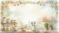 Watercolor kitchen background with floral border, jars, teapot, herbs, and utensils, soft pastel tones, cozy rustic style, copy space.