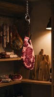 Raw steak hanging from rope in butcher shop or meat processing facility with warm lighting and aged meat cuts displayed on wooden shelves in background.