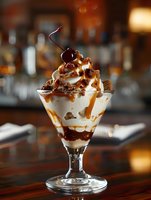 Decadent chocolate caramel sundae with whipped cream and cherry in elegant glass at upscale restaurant bar setting for dessert menu advertising.
