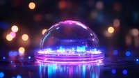 Futuristic cityscape in glowing glass dome with neon pink and blue lights reflecting on water surface against dark background with bokeh effects.
