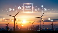 Wind turbines at sunset with digital innovation network icons and connectivity symbols representing renewable energy technology integration.