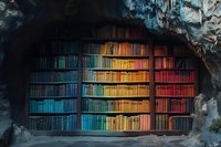 Colorful rainbow bookshelf arranged by spectrum colors inside natural cave formation, creating surreal underground library atmosphere.