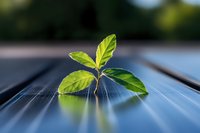 Young green plant sprout growing from solar panel surface in sunlight, symbolizing renewable energy and sustainable development concept.