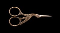 Vintage bronze decorative scissors with ornate bird-shaped handles, isolated on transparent background. Ready for clipart, t-shirt design, stickers, print-on-demand products, and sublimation projects.