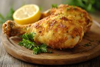 Juicy roasted chicken legs with crispy golden skin, fresh parsley and lemon slice served on rustic wooden cutting board, close up food photography.