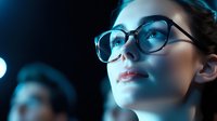 Young woman in glasses looking up thoughtfully with blue lighting effect, dramatic cinematic atmosphere and soft focus creating emotional mood for business or education.