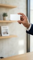 Businessman holding blank white business card in modern office interior with wooden shelves and potted plant.